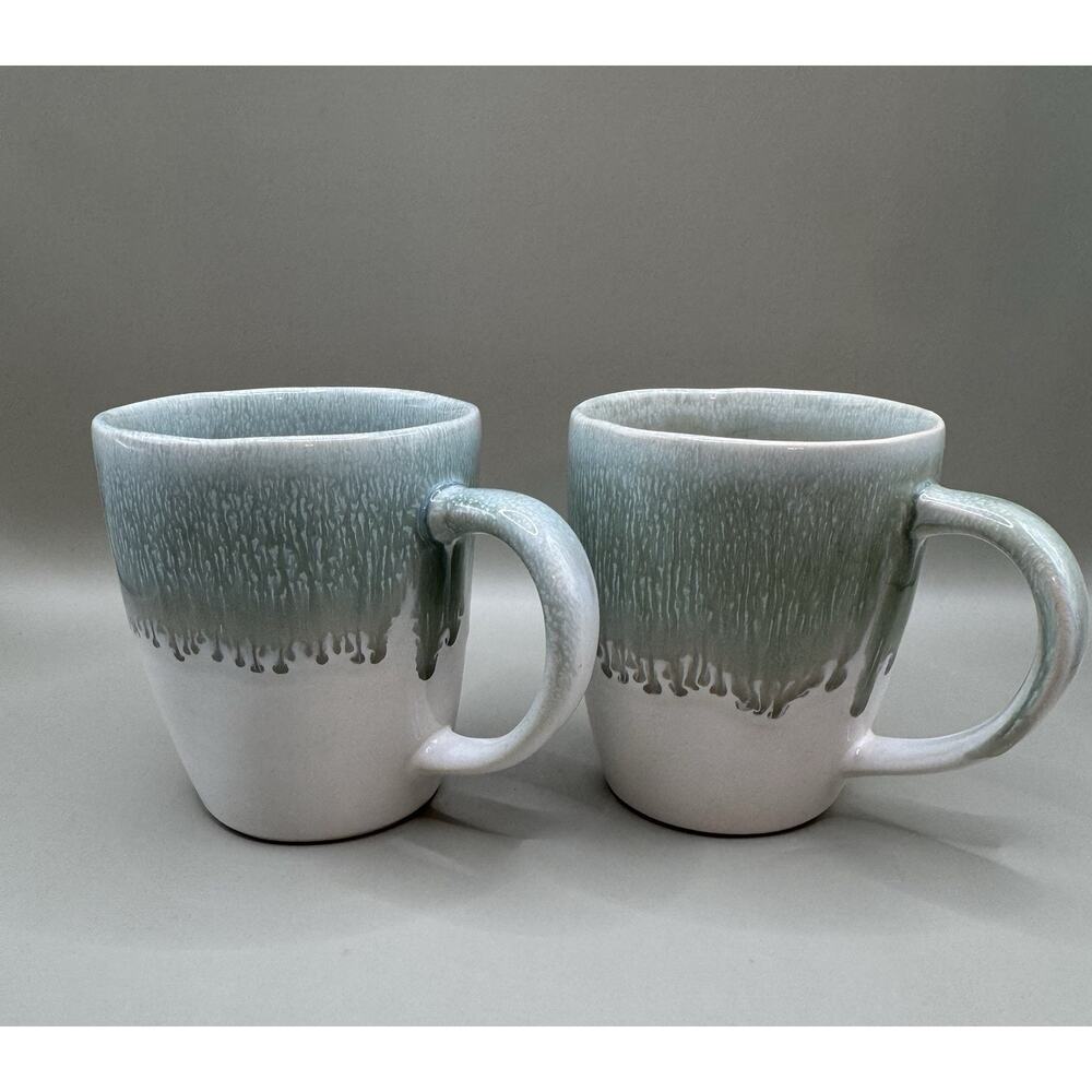 West Elm Portugal Stoneware Mugs Reactive Drip Glaze Green Blue Set Of 2
